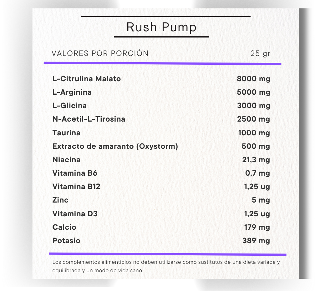 Rush Pump informacion nutricional