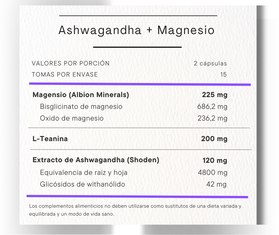 ashwagandha + magnesio complex informacion nutricional