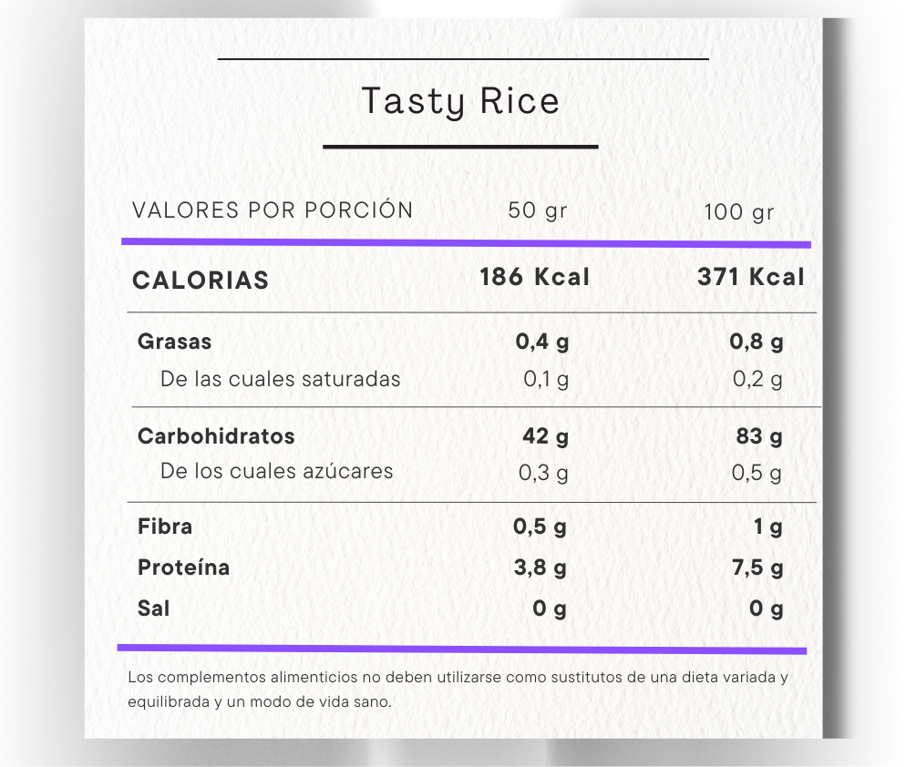 Tasty Rice informacion nutricional life pro